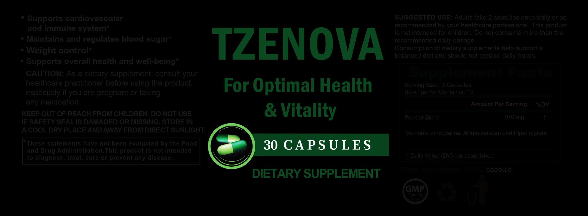Tzenova Supplement Label — GMP Quality